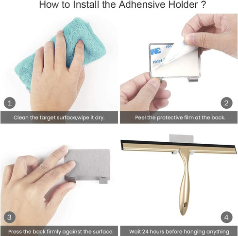 OPERNEE 14 Inches Shower Squeegee with Self Adhesive Hook, Stainless Steel Squeegee Cleaner, All-Purpose Window Scraper