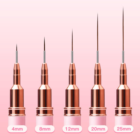Nail Art Liner Brushes, 5Pcs Painting Brush Set for Long Lines, Thin Details, Fine Drawing Sizes 4/8/12/20/25mm (Pink)