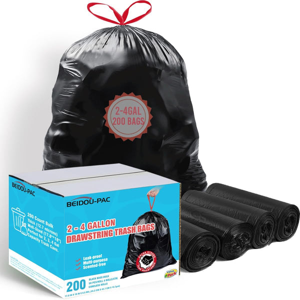 2-4 Gallon Drawstring Trash Bags, 200 Count Bulk Value Pack, Black & Unscented for Home and Business