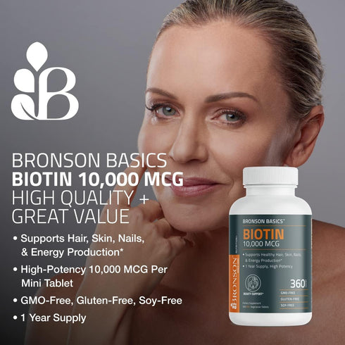 Bronson Biotin 10,000 MCG for Healthy Hair, Skin & Nails, High Potency Beauty Support - 360 Vegetarian Tablets