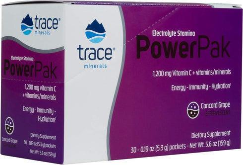 Trace Minerals Power Pak Electrolyte Powder Packets, 1200 mg Vitamin C, 30 Packets, Concord Grape