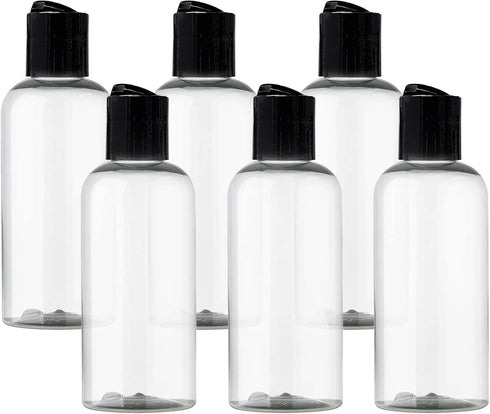 ljdeals 4 oz Clear Plastic Empty Bottles - Refillable Cosmetic Containers with Black Disc Top Caps, Pack of 6