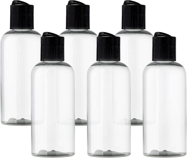 ljdeals 4 oz Clear Plastic Empty Bottles - Refillable Cosmetic Containers with Black Disc Top Caps, Pack of 6