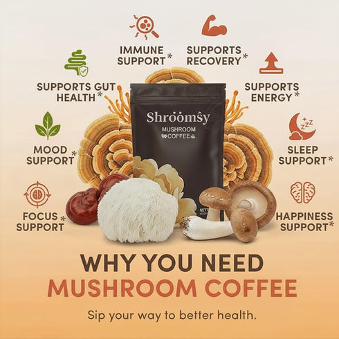 Shroomsy 6 Mushroom Coffee Adaptogenic Mushroom Superblend (Cordyceps, Reishi, Shiitake, Lions Mane, More) With MCT Oil