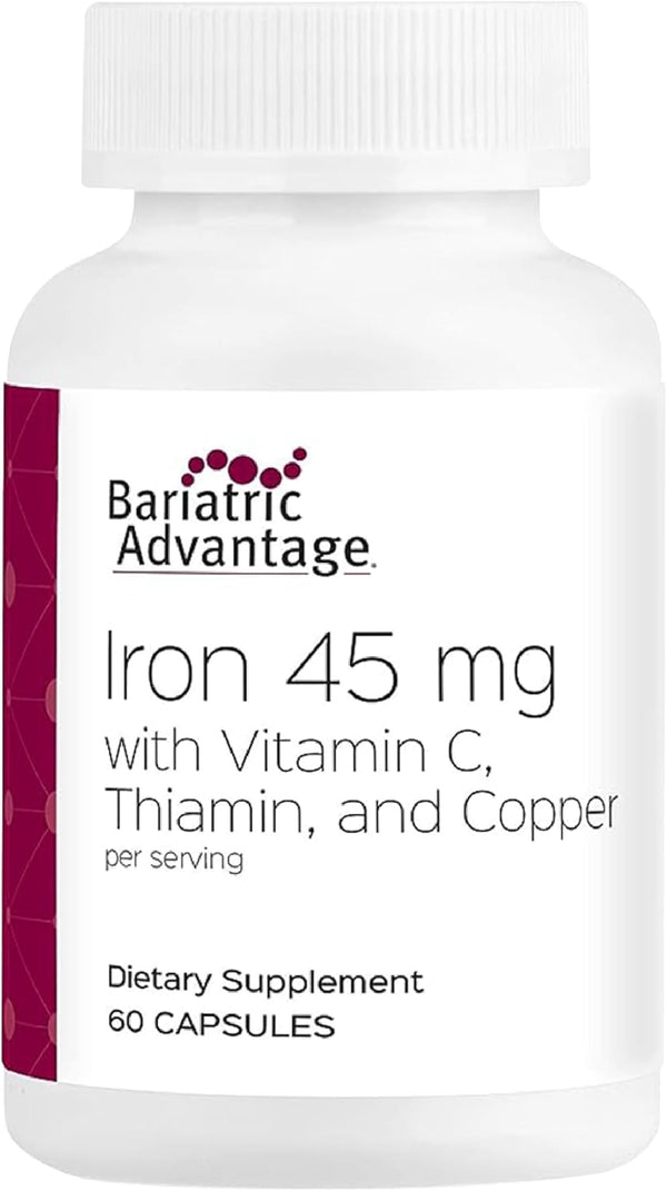 Bariatric Advantage Iron 45 mg with Vitamin C, Thiamin, and Copper, Easily Digestible for Surgery Patients - 60 Count