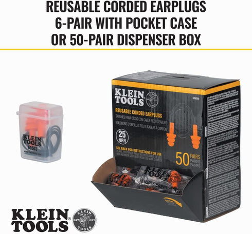 Klein Tools 605036 Corded Earplugs, 25dB NRR, Reusable Orange Earplugs, 6-Pack with Case for Industrial Use