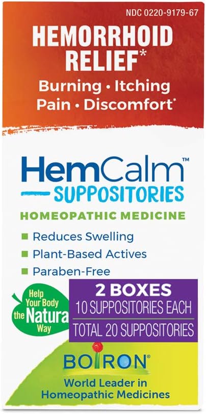 Boiron HemCalm Suppositories for Hemorrhoid Pain Relief, Itching, Swelling, Discomfort - 10 Count (Pack of 2)