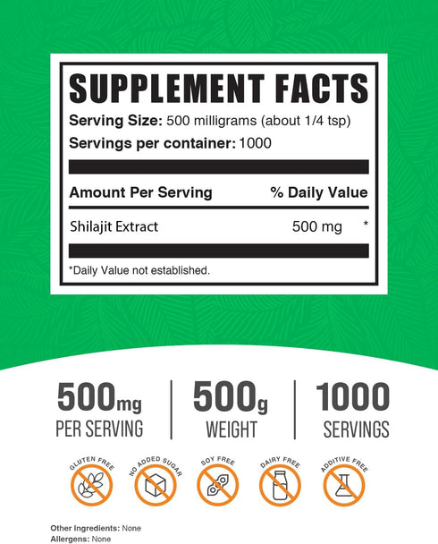 BulkSupplements.com Shilajit Extract Powder - Gluten Free Fulvic Acid Supplement, 500mg per Serving, 500g (1.1 lbs)