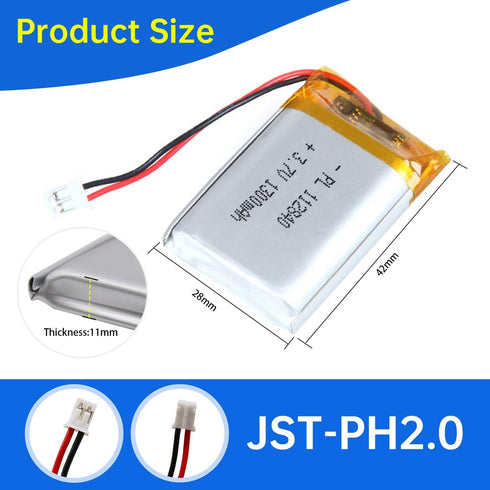 112840 3.7V Lipo Battery 1300mAh Rechargeable Lithium Polymer Pack with JST PH2.0mm Connector for Electronics