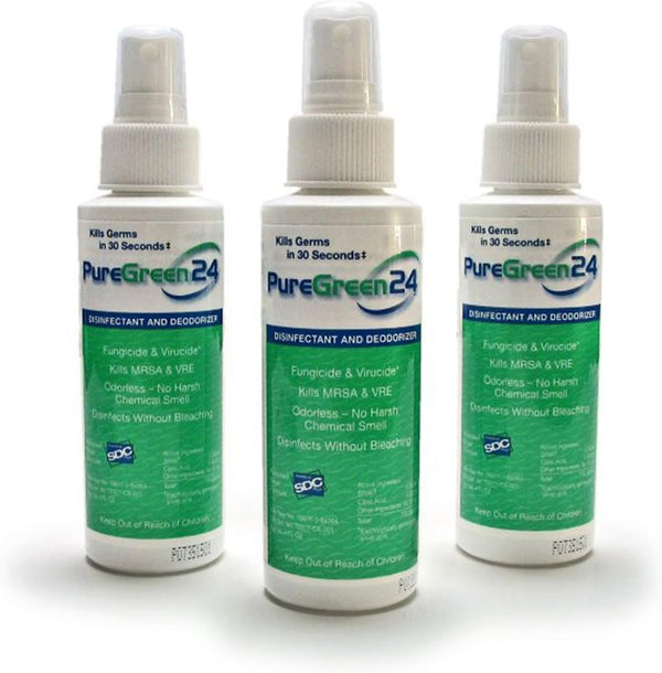 PureGreen24 Safe & Effective Disinfectant, Kills Deadly Germs Including RSV, COVID-19, MRSA & Staph, NoroVirus & Influenza Contains no toxic chemicals (3 4oz bottles)