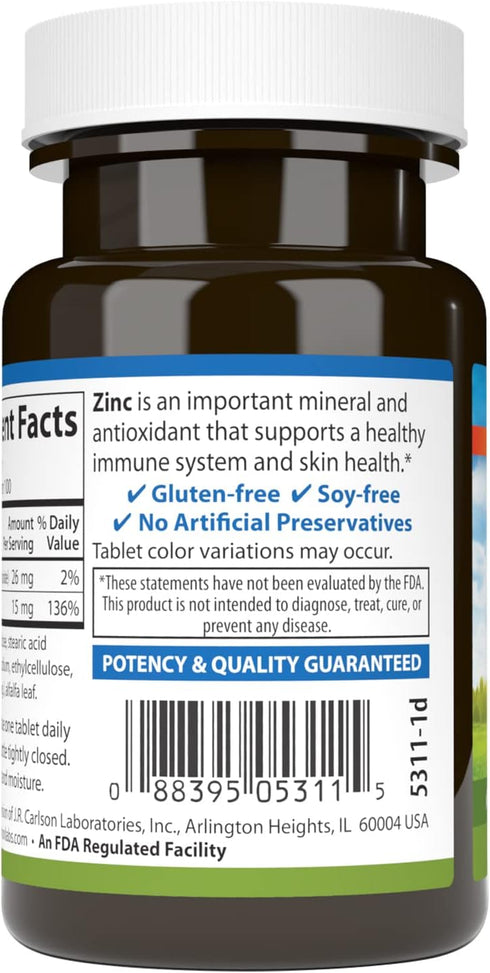 Carlson Zinc Supplement 100 Tablets, 15 mg Zinc Gluconate, Immune Support & Skin Health, Antioxidant