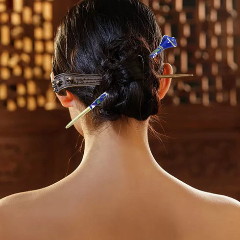 Honbay Cloisonn Vintage Hair Stick with Calla, Chinese Traditional Style Fashion Hairpin (Blue)