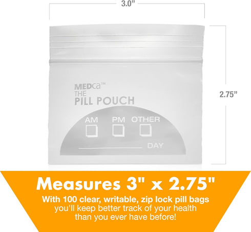 Pill Pouch Bags, Pack of 100, 3" x 2.75" Disposable Plastic Travel Pill Bags with Write-on Labels