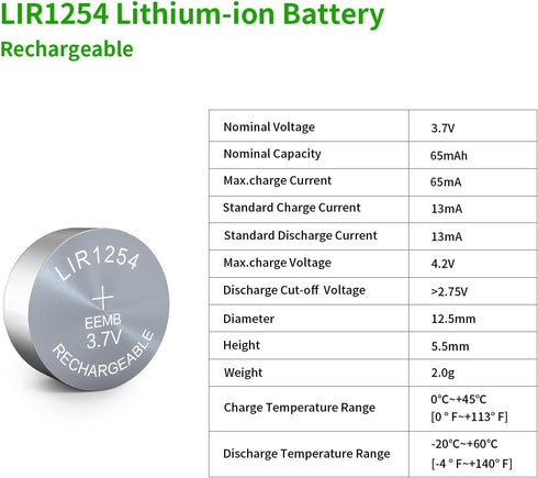 EEMB 4PACK LIR1254 Rechargeable Battery 3.7V Lithium-ion Button Batteries Coin Cell Battery for WF1000XM4 WF-1000XM4 WF-SP900 Headphones Wearable Device Watch