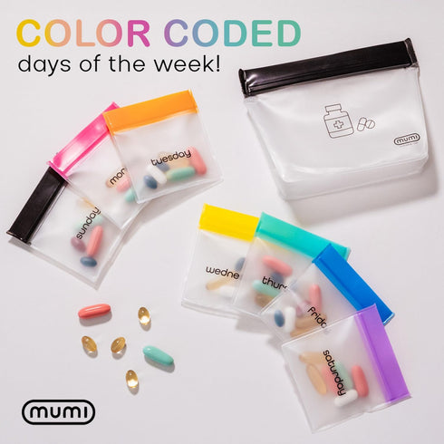 mumi Travel Pill Organizer Set, 7 Mini Zipper Pouches for Pills, Reusable Pocket Pill Bags for Medicine Travel