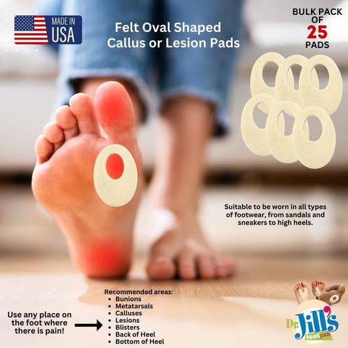 YJ9-7066, 1/8" (25 Pack) Dr. Jill's Foot Pads, Latex Free, Oval Callus Pad Felt Lesion Pad