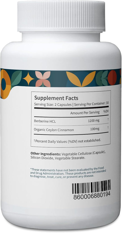 Pattern Wellness Berberine Supplement - Organic Ceylon Cinnamon, Antioxidant Support, 60 Non-GMO Capsules
