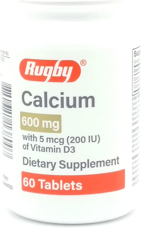Rugby Laboratories Calcium 600 mg Calcium Supplement, Calcium Carbonate for Strong Bones, Vitamin D3 5 mcg, 60 Tablets