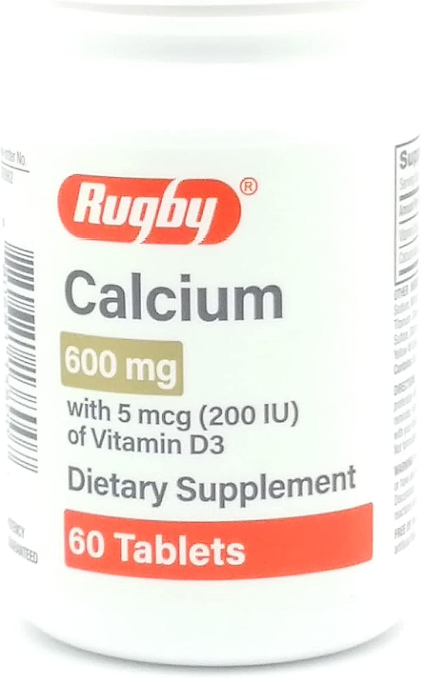 Rugby Laboratories Calcium 600 mg Calcium Supplement, Calcium Carbonate for Strong Bones, Vitamin D3 5 mcg, 60 Tablets