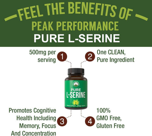 Peak Performance L-Serine Capsules 500mg, Best Brain and Nootropic Amino Acids, Non-GMO Supplement (60 Servings)