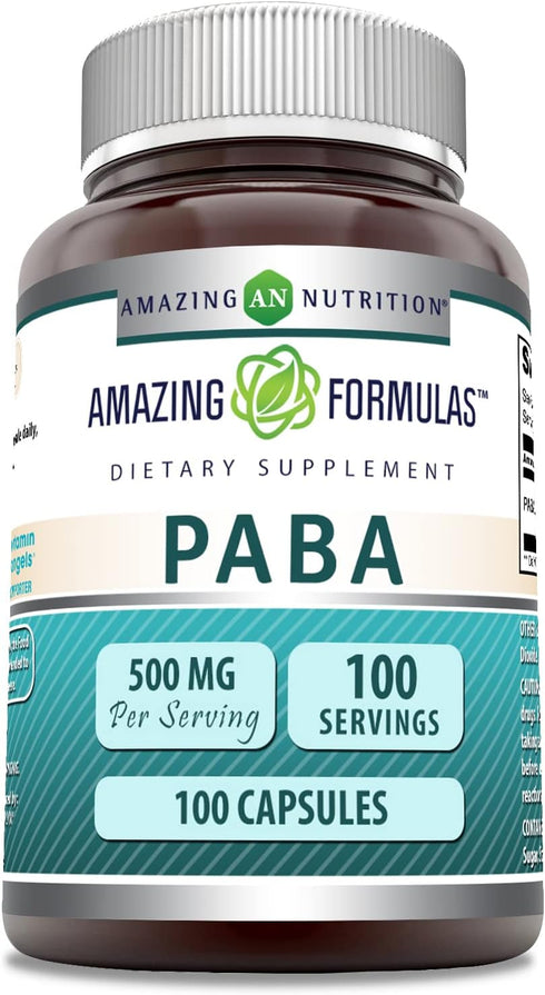 Amazing Formulas PABA Supplement | 500 Mg Per Serving | 100 Capsules | Non-GMO, Gluten-Free, Made in USA