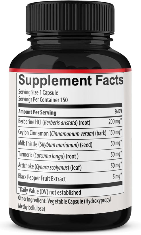 150 Capsules Berberine Supplement with Ceylon Cinnamon, Turmeric, Milk Thistle, Artichoke, and Black Pepper