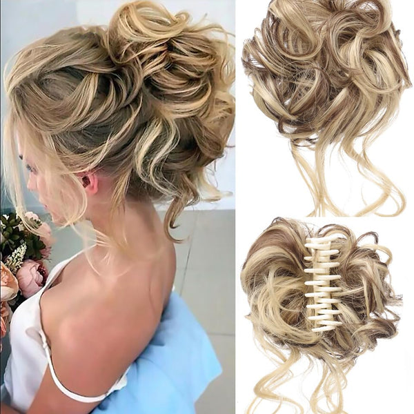 Messy Bun Hair Piece Claw Clip for Women, Wavy Curly Hair Bun Extensions in Light Brown and Blonde Mix