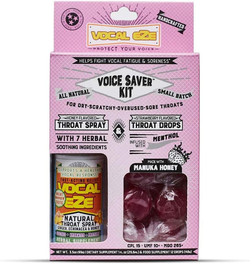 Vocal Eze Voice Saver Kit, Includes Herbal Throat Spray and Manuka Honey Drops for Throat Relief
