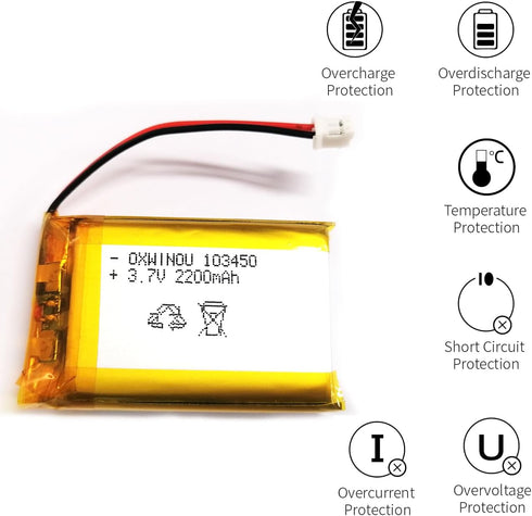 Lithium Polymer Battery 3.7V 2200mAh 103450 Rechargeable Battery Pack with JST 2.0mm Connector for Wireless Device