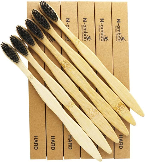 N-amboo Pack 6 Hard Toothbrush Bamboo Toothbrush for Adult Manual Toothbrsuh Hard Bristles