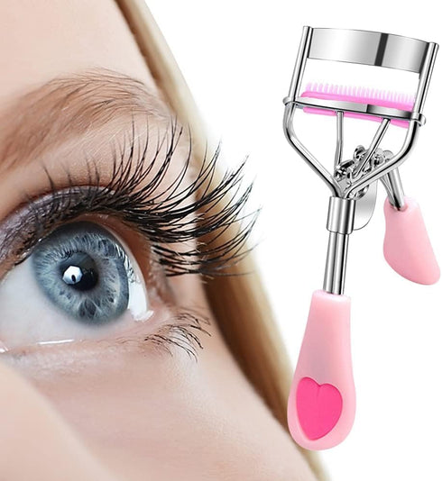 Stainless Steel Eyelash Curler with Comb, Pain-Free for All Eye Shapes, 5 Silicone Refill Pads, Light Pink