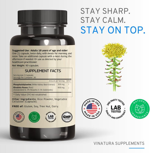 PhosphatidylSerine Rhodiola Rosea 1200mg per Serving, 3% Rosavins & 1% Salidrosides - Calm, Brain Booster, Brain Supplements for Memory and Focus - 90 Capsules 45 Servings