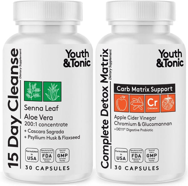 Youth & Tonic 15 Day Cleanse & Carb Matrix Support for Bloating, Gut & Metabolism Health, 60 Pills