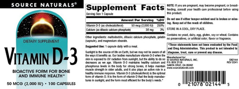 Source Naturals Vitamin D-3 2000 IU for Bone & Immune Health* - 100 Capsules