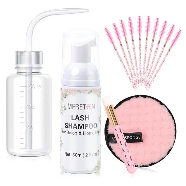 Lash Shampoo Kit for Extensions, Eyelash Extension Cleanser, Lash Cleaning Kit with Makeup Pad, Brush, Rinse Bottle