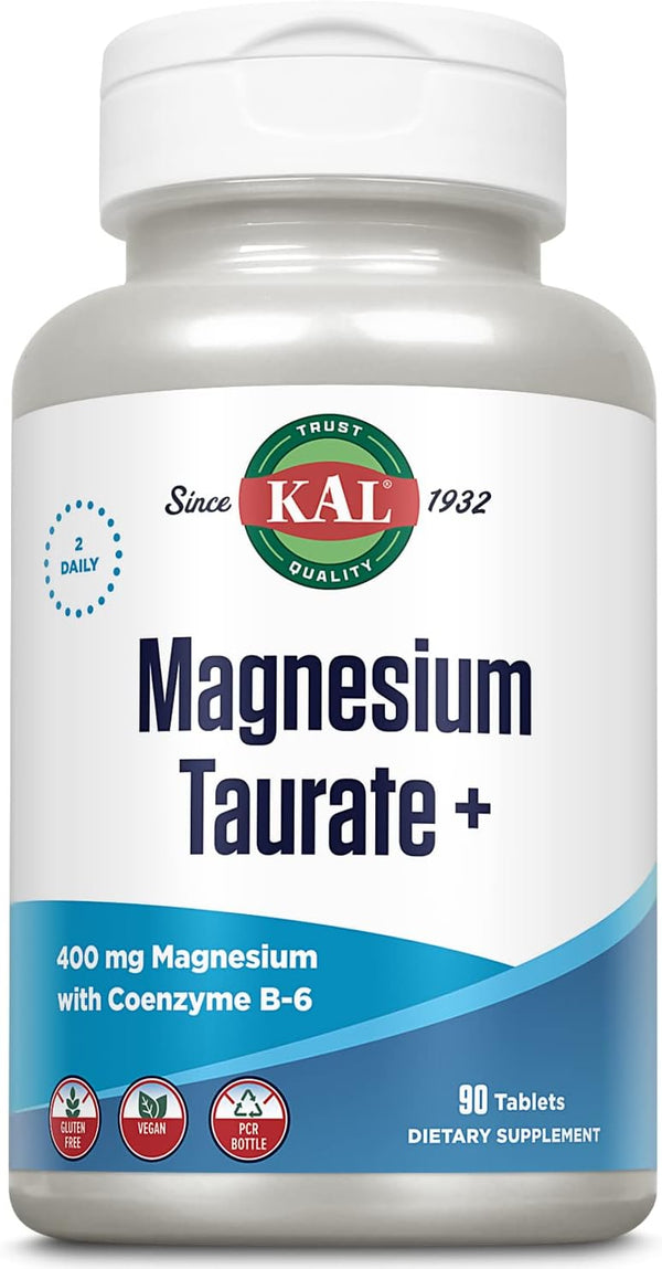 KAL Magnesium Taurate 400mg Plus CoEnzyme Vitamin B6, Chelated Supplement for Muscle Function, 90 Tablets