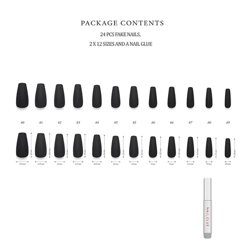 Hypnaughty 24 Pcs Noir Black Matte Luxury Coffin Press on Nails with Glue, Medium Long Solid Black Color