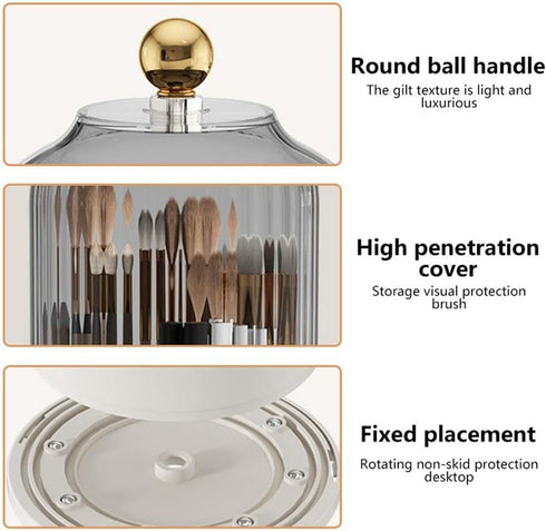 Makeup Brush Holder Organizer - 360° Rotating Luxury Cosmetic Organizer with Lid, Desktop Storage (White 1)