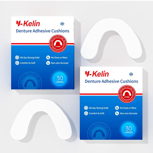 Y-Kelin Lower Denture Adhesive Cushions, Adhesive-Free Pads for Sore Gums, 30 Pads*2 (60 Strips)