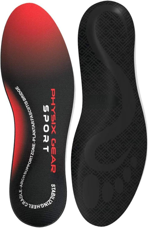 Physix Gear Orthotic Insoles for Men & Women - Arch Support Inserts for Plantar Fasciitis Comfort, Red/Black, S