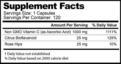 Vitamin C 1000 mg Daily Immune Support with Rose Hips & Citrus Bioflavonoids, 120 Capsules