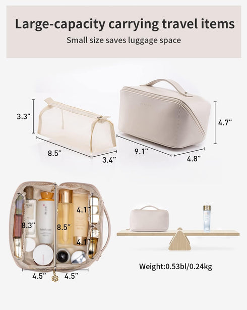 Vlando Travel Makeup Bag, White PU Leather Portable Organizer with Divider and Handle, Toiletry Bag for Women