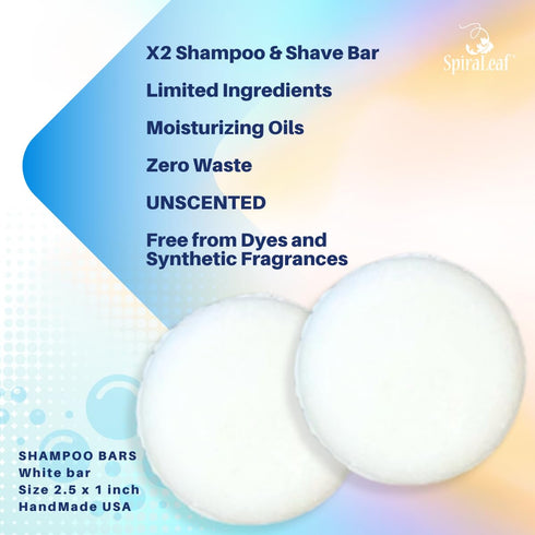 Spiraleaf Unscented Solid Shampoo Bars x2 – Fragrance-Free, Dye-Free, Nourishing Oils, All Hair Types, USA Crafted