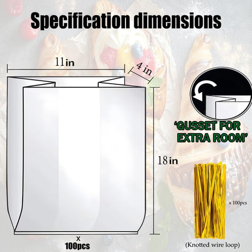 PEOKPIPLE 100 Pack Bakeries11"x4"x18" Reusable Bread Bags for Homemade Bread & Sandwich Bread Clear Plastic Storage