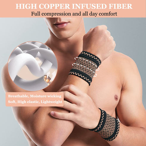 Copper Wrist Compression Brace (2Pcs), Elastic Wrist Support Sleeve Wrist Braces for Tendonitis, Arthritis, Carpal Tunnel Pain Relief, Soft Wrist Wrap Wristbands for Sport, Fitness, Workout, Typing(L)
