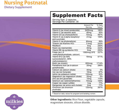 Milkies Fairhaven Health Nursing Postnatal Vegetarian Supplement for Breastfeeding Women, 1 Month Supply