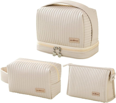Cute Waterproof Leather Cosmetic Bag Set of 3, Travel Makeup Organizer with Handle & Zipper, Off-white Color