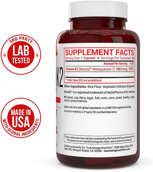 Vitamin K2 MK-7 Supplement 180mcg, Supports Bone & Heart Health, 60 Easy to Swallow Vegetable Caps