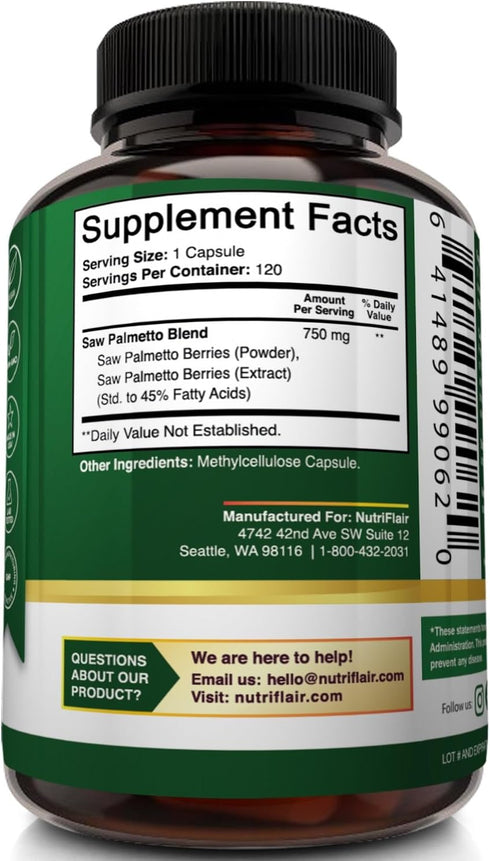 NutriFlair Saw Palmetto Extract 750mg, 120 Capsules, Natural Prostate Supplement, Berry Health Support