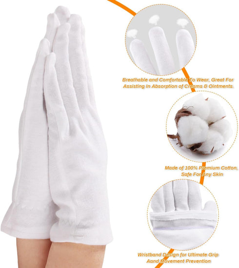 Selizo 6 Pairs 100% White Cotton Gloves for Eczema, Moisturizing Overnight Spa Lotion Gloves
